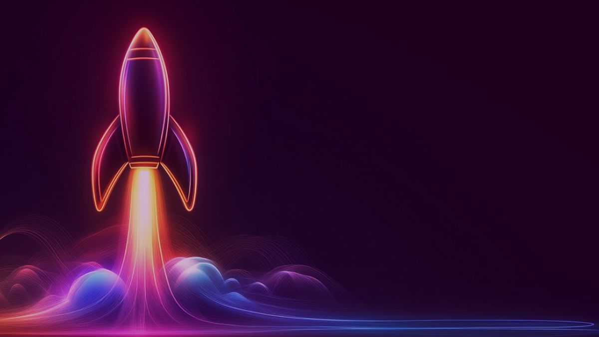 Neon colored image of a rocket lauching upwards