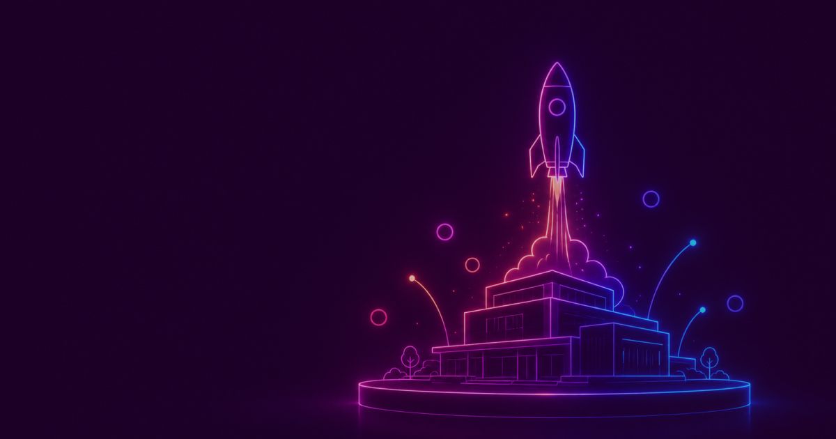 Neon colored image of a modern business rocket beginning to rise from a sleek corporate platform.