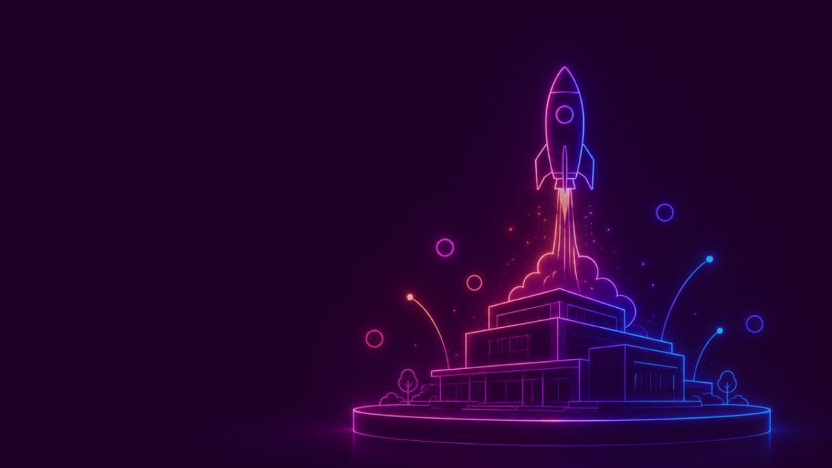 Neon colored image of a modern business rocket beginning to rise from a sleek corporate platform.