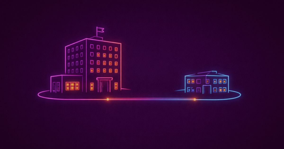 Neon colored image of of two company buildings placed side by side with slight depth: one larger central company and one smaller subsidiary.