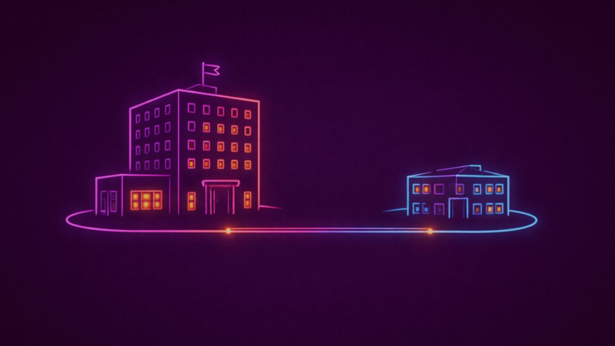 Neon colored image of of two company buildings placed side by side with slight depth: one larger central company and one smaller subsidiary.
