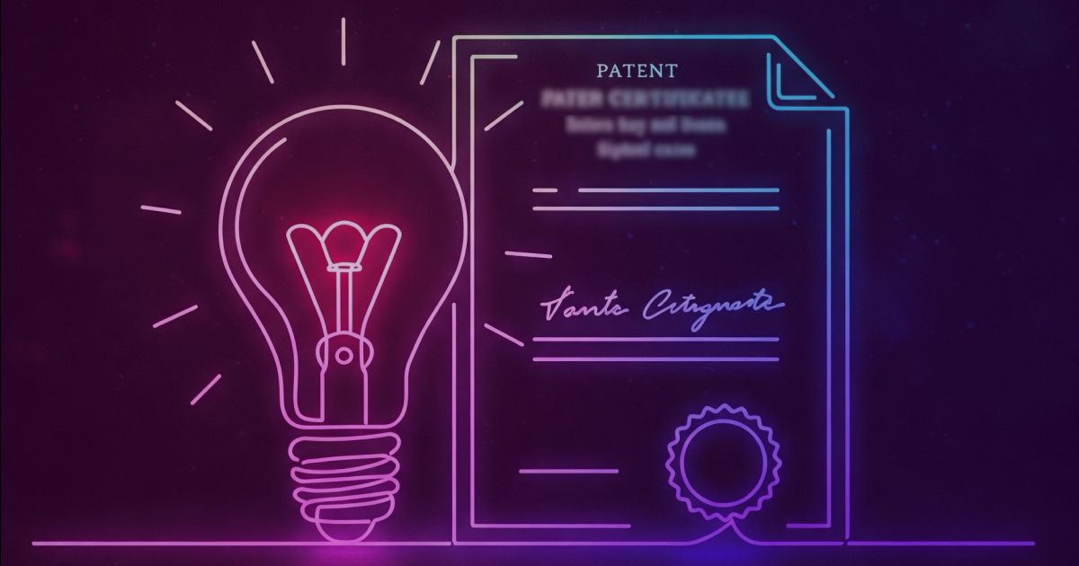 Neon colored image of a glowing light bulb and a patent certificate.