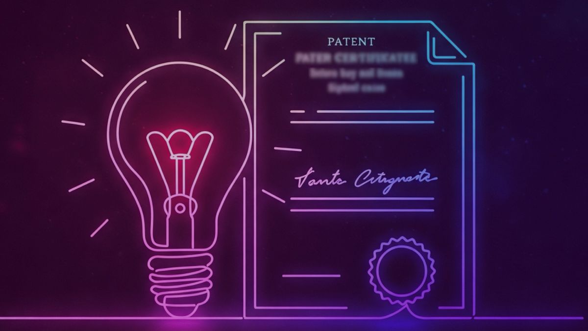 Neon colored image of a glowing light bulb and a patent certificate.