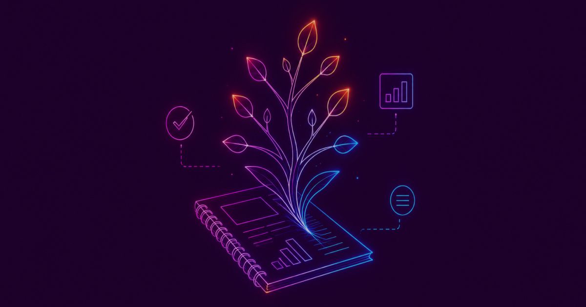 Neon colored image of a sleek spiral-bound sustainability report with subtle report graphics transforming into a delicate glowing tree.