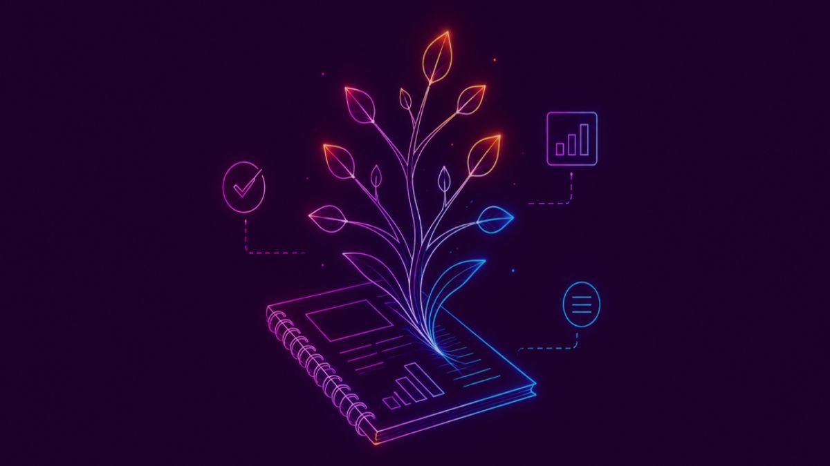 Neon colored image of a sleek spiral-bound sustainability report with subtle report graphics transforming into a delicate glowing tree.
