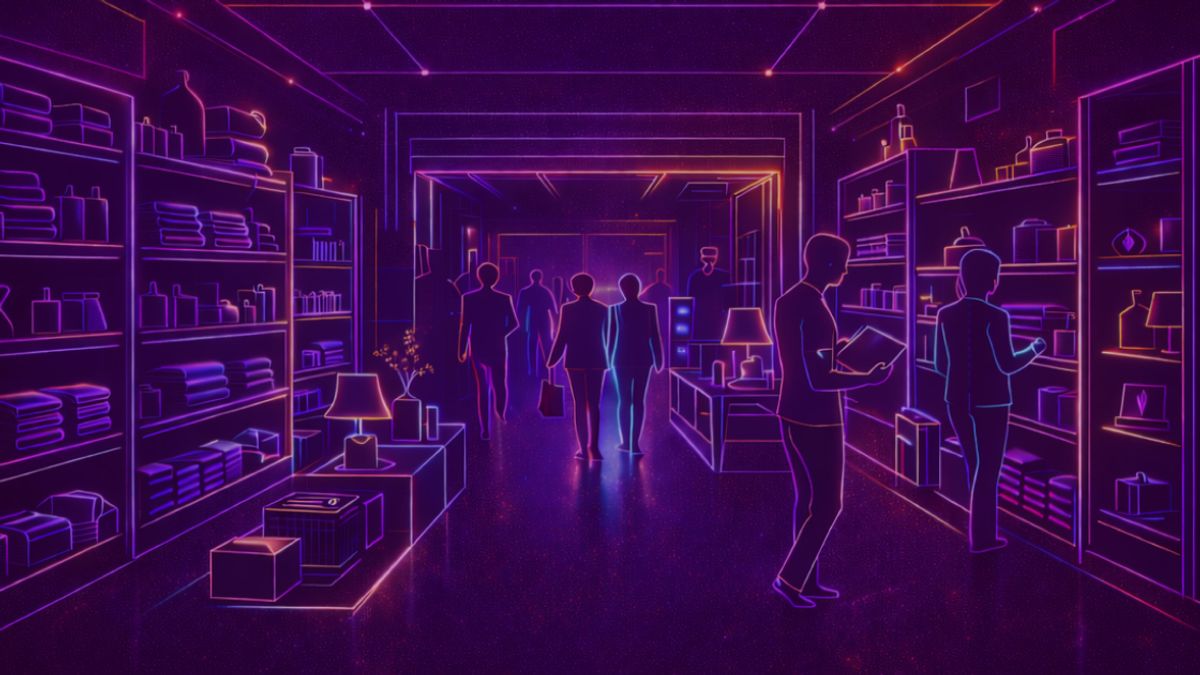 Neon colored image of a retail store interior with open entrance, shelves and customer flow.