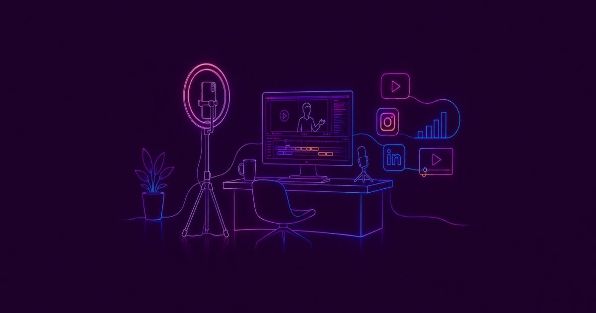 Neon colored image of a modern video production setup with  ring camera, mobile phone, editing timeline and social media video elements.