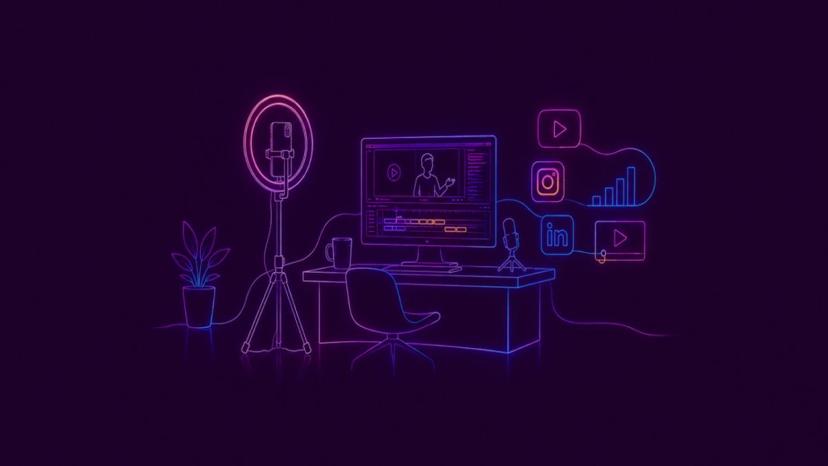 Neon colored image of a modern video production setup with  ring camera, mobile phone, editing timeline and social media video elements.