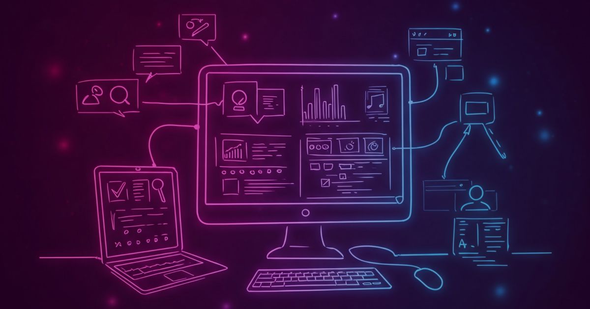 Neon colored image of a digital workspace with interconnected tools and apps.