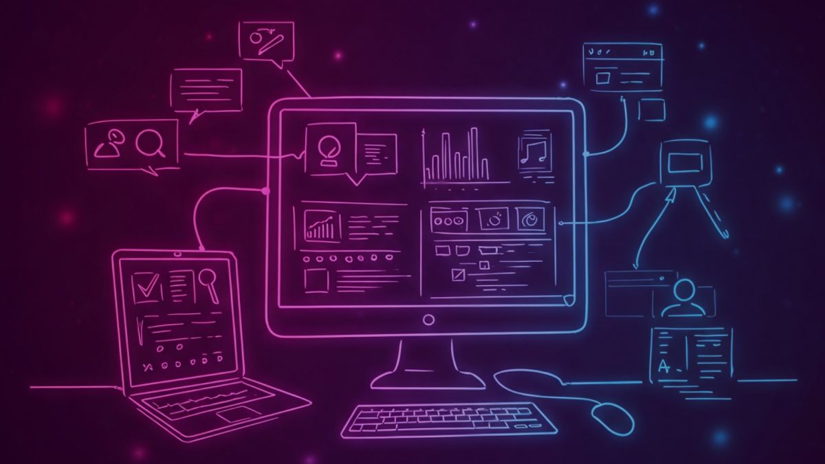 Neon colored image of a digital workspace with interconnected tools and apps.