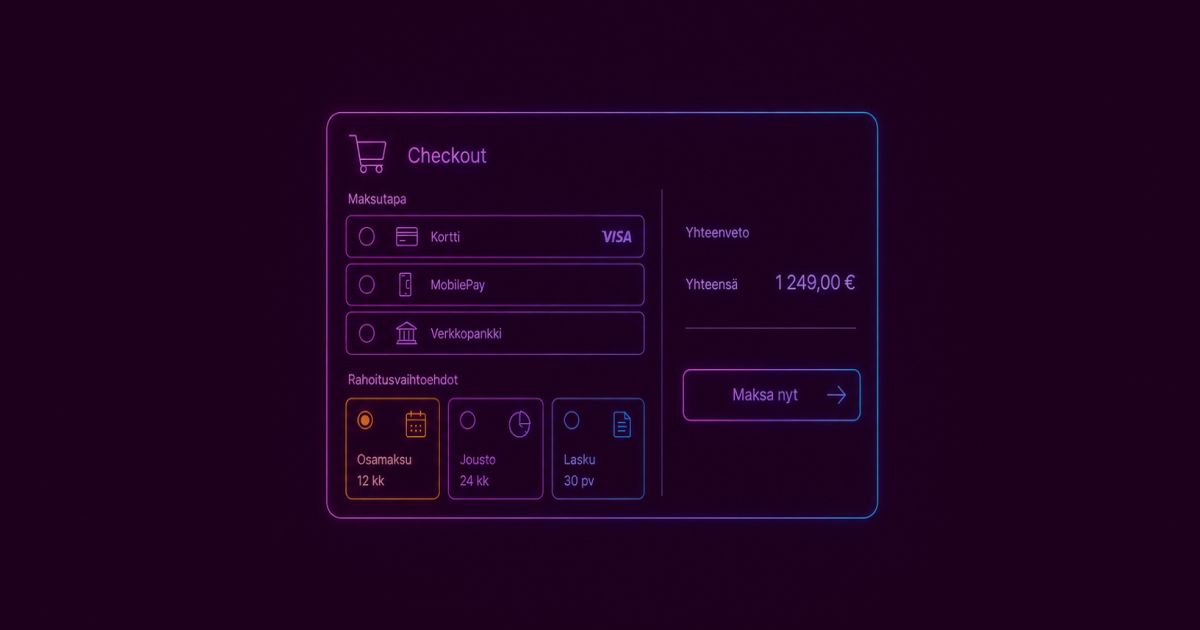 Neon colored image of a minimal checkout interface for an electronics store. Clean futuristic UI with payment methods and financing options shown as simple selection cards.