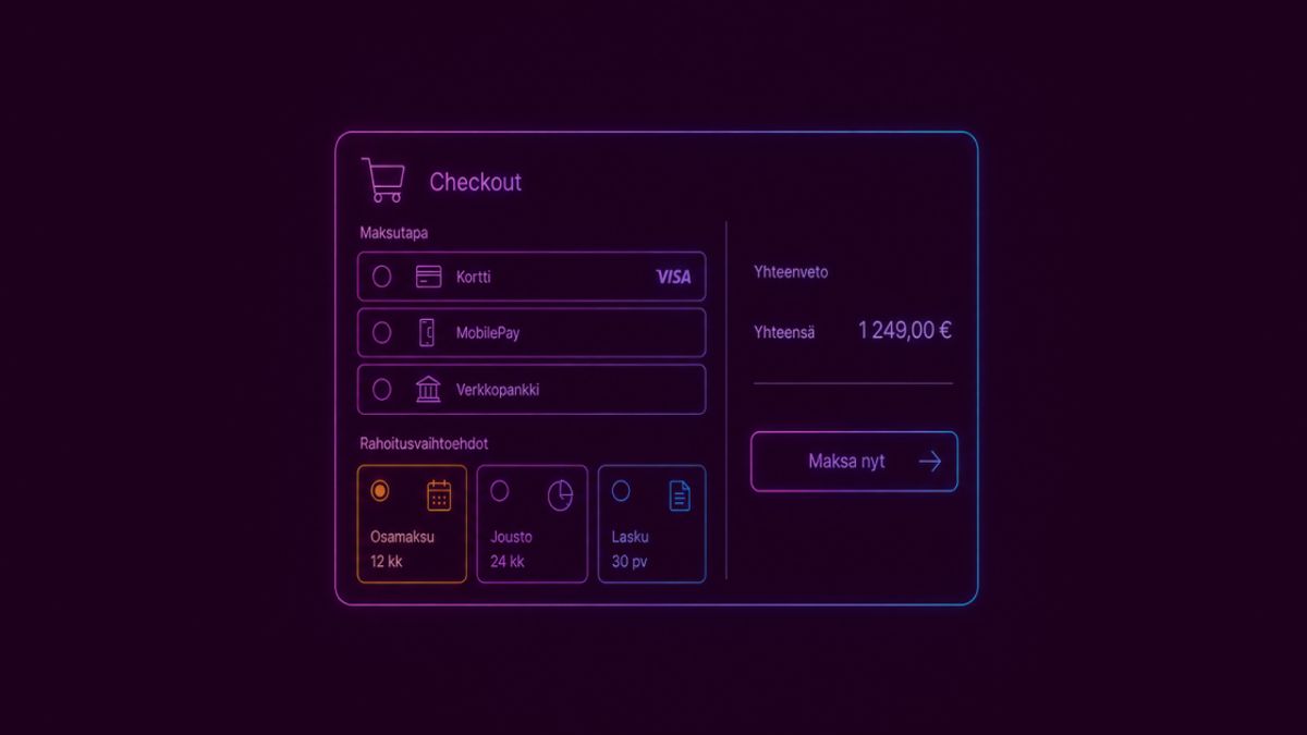Neon colored image of a minimal checkout interface for an electronics store. Clean futuristic UI with payment methods and financing options shown as simple selection cards.