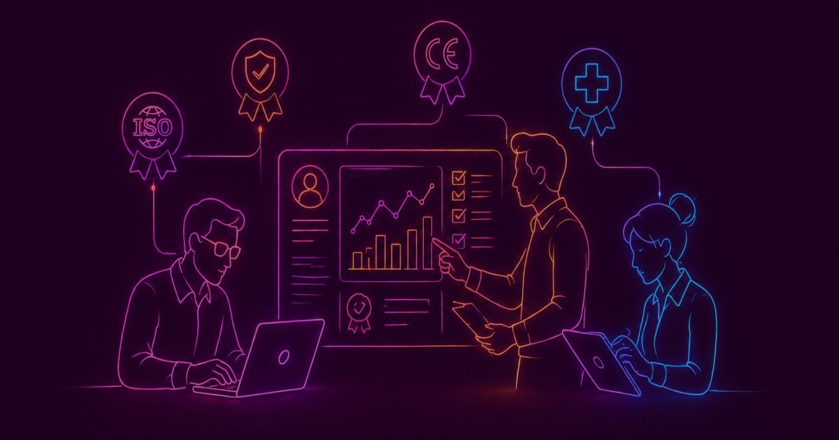 Neon colored image of skilled professionals with certification badges or symbols working around a digital dashboard.