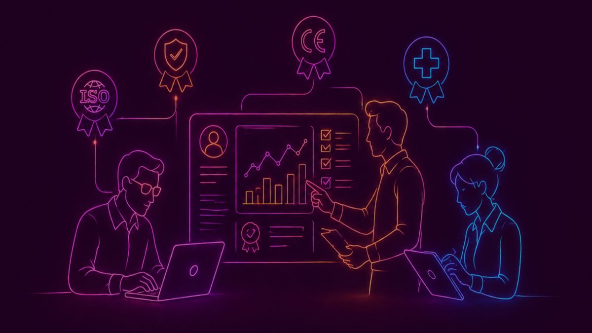Neon colored image of skilled professionals with certification badges or symbols working around a digital dashboard.