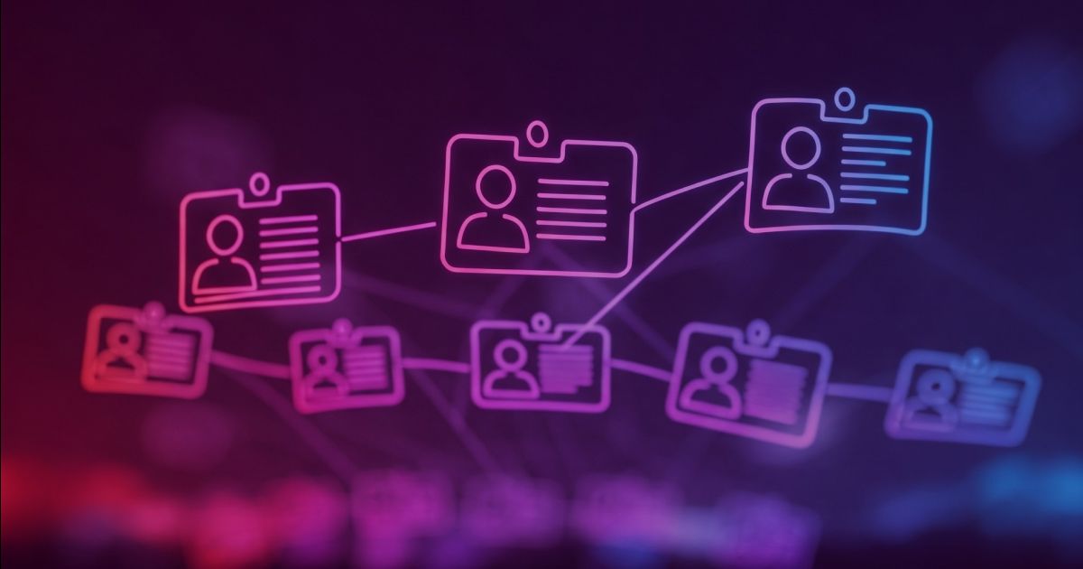 Neon colored image of multiple interconnected name tags floating in a digital network, symbolizing job titles and organizational roles.