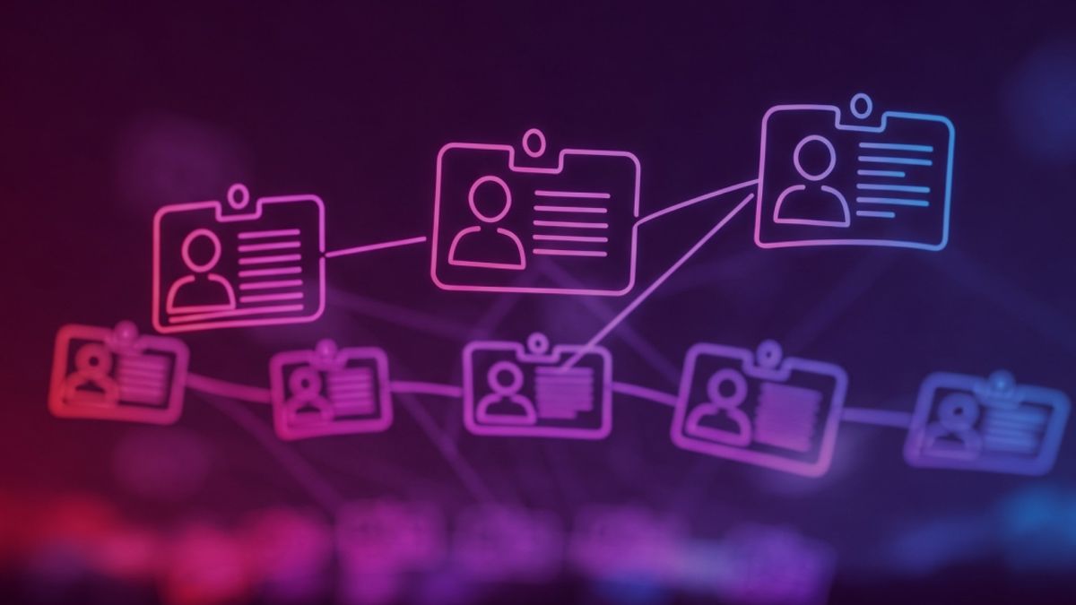 Neon colored image of multiple interconnected name tags floating in a digital network, symbolizing job titles and organizational roles.