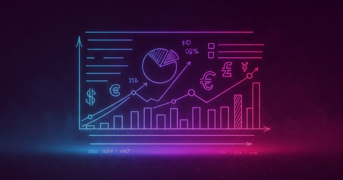 Neon colored image of a financial dashboard with figures, charts and currency symbols.