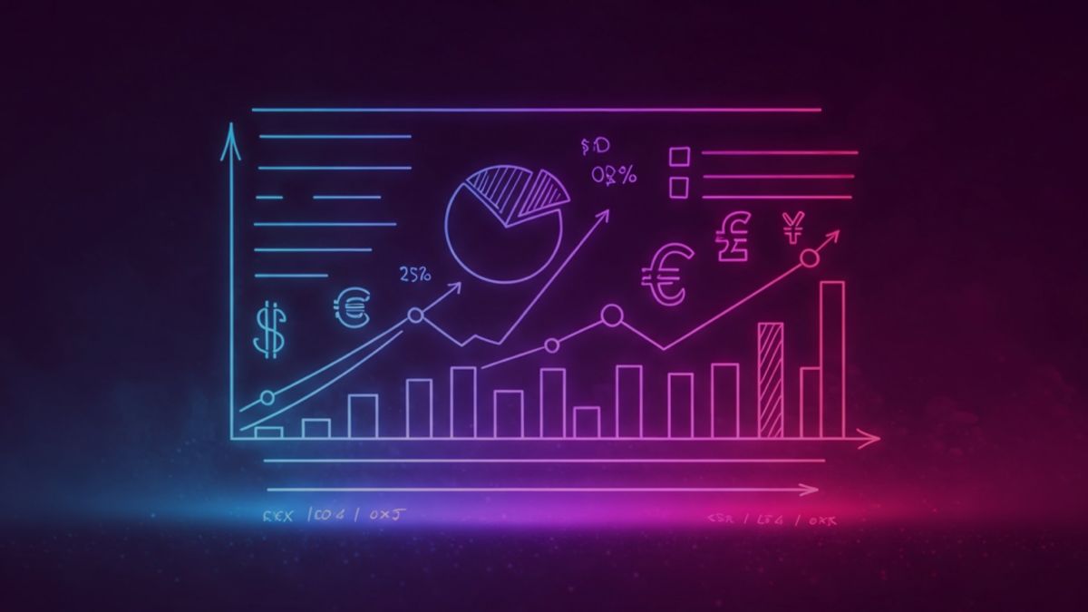 Neon colored image of a financial dashboard with figures, charts and currency symbols.