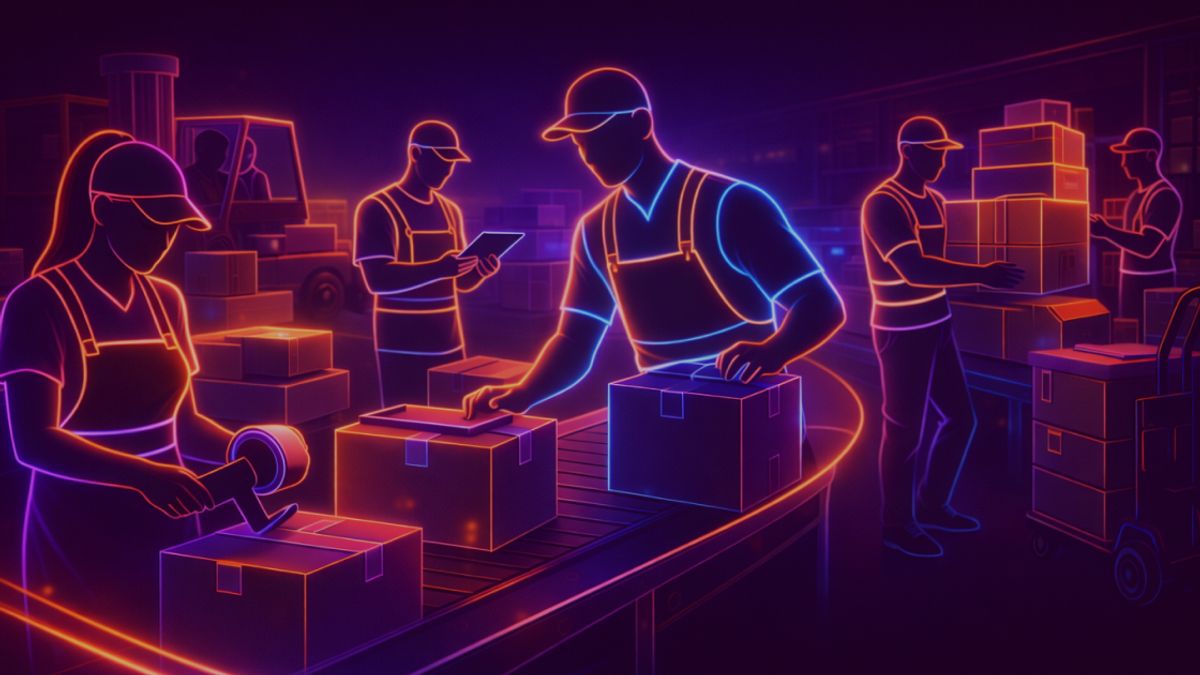 Neon colored image of a large abstract warehouse flow shape made of conveyor belts, boxes, pallets and barcode scanners interconnected with flowing lines. Small human figures in warehouse clothing (caps, safety vests) working inside the structure, sealing boxes, scanning packages and moving goods, symbolizing logistics as the core of the company.