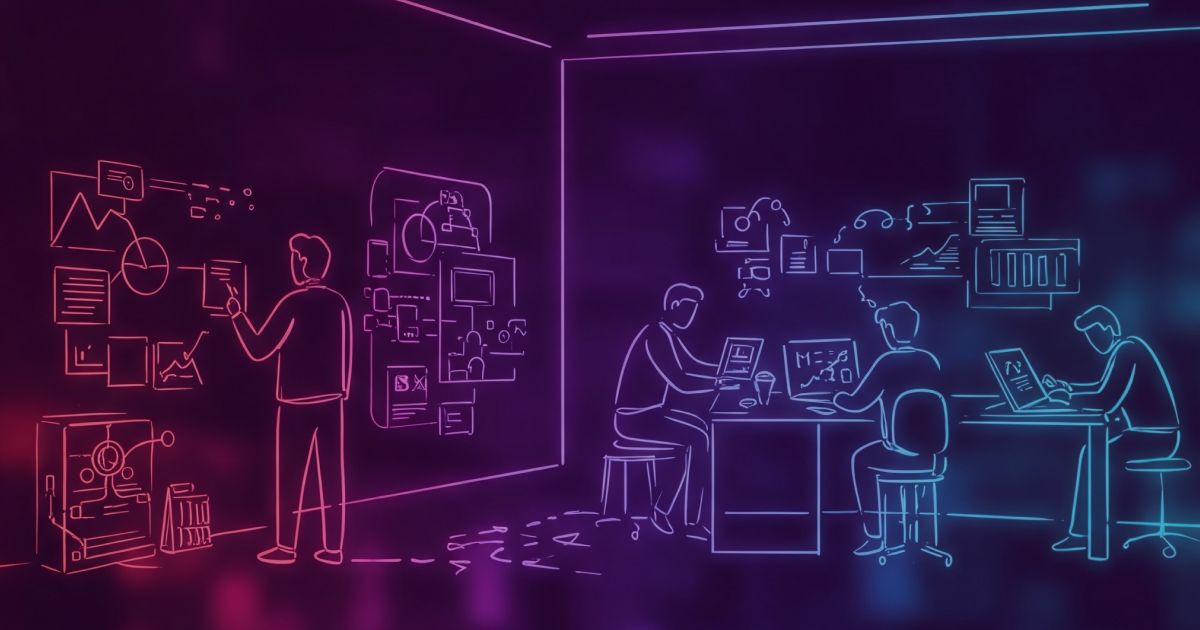 Neon colored image of a high-tech office room with research and development themes, advanced machinery and innovation in focus.