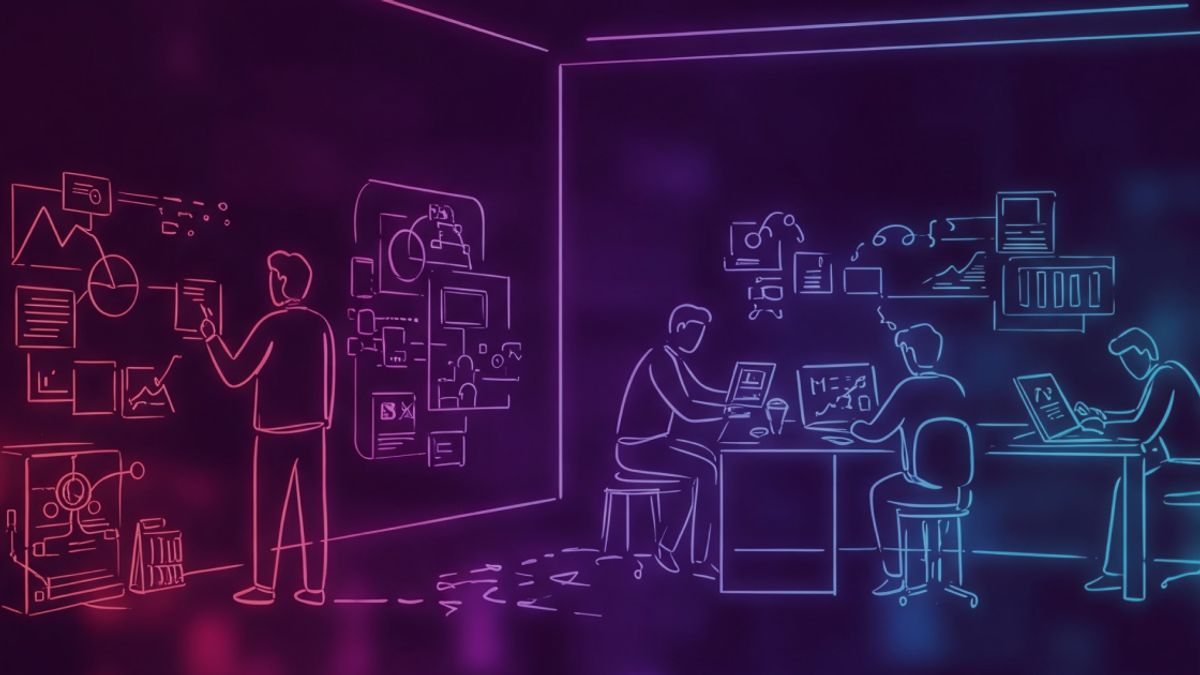 Neon colored image of a high-tech office room with research and development themes, advanced machinery and innovation in focus.