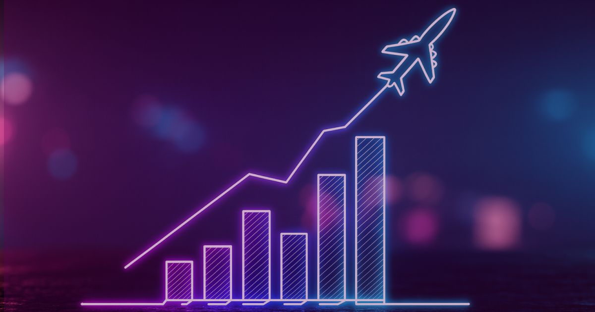 Neon colored image of a graphic representing growth and rising airplane forming a positive arrow