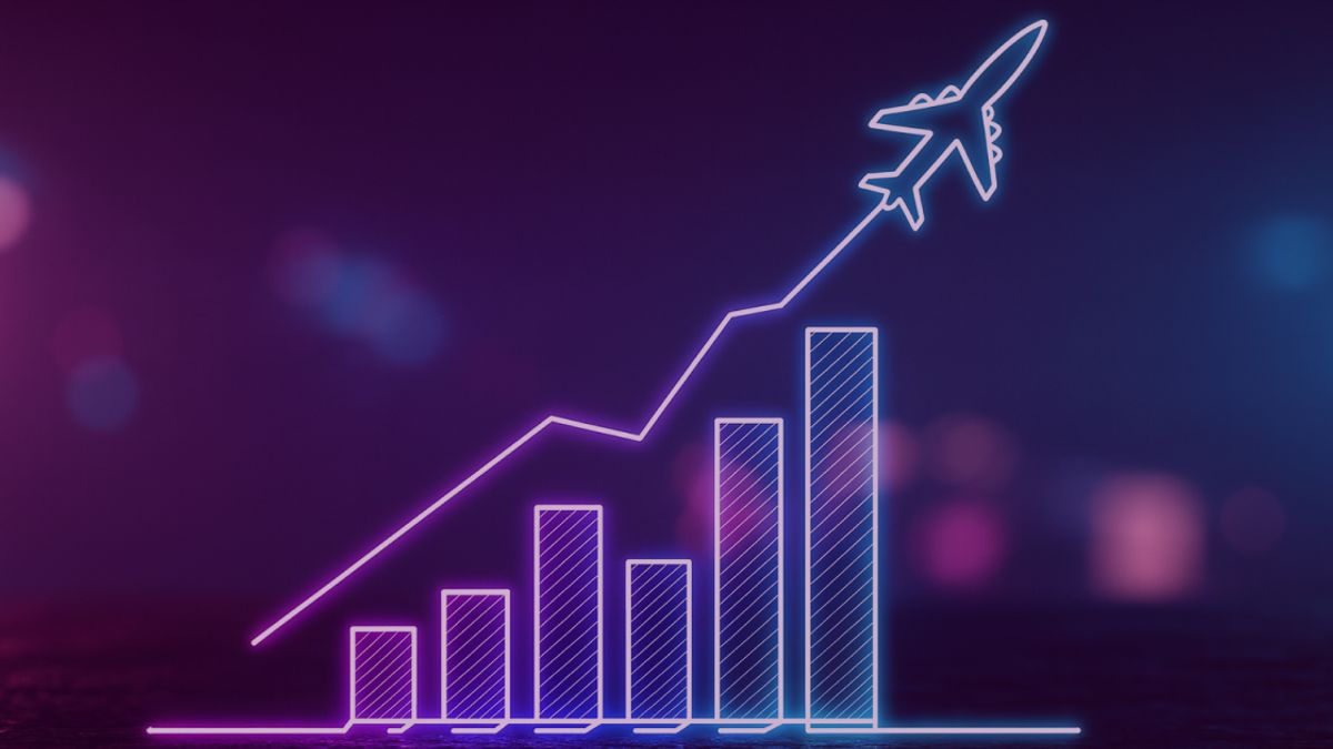 Neon colored image of a graphic representing growth and rising airplane forming a positive arrow