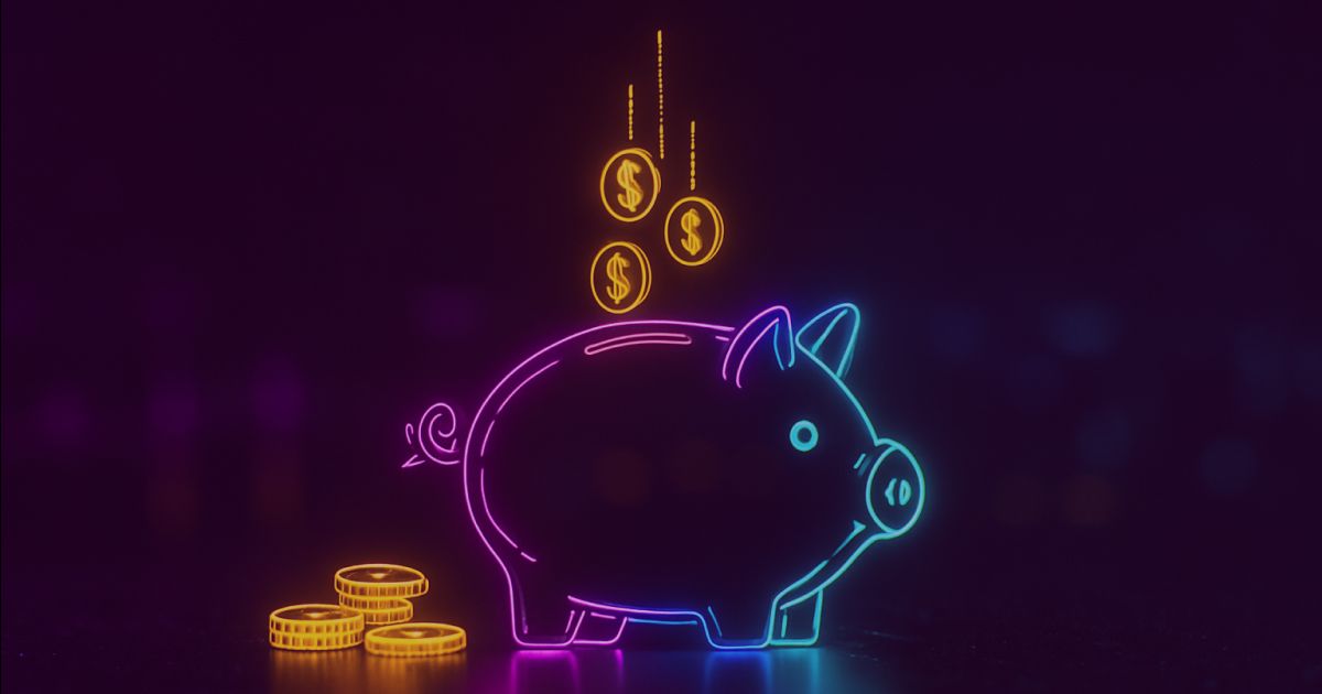 Neon colored image of a piggy bank and couple of coins falling into it. 