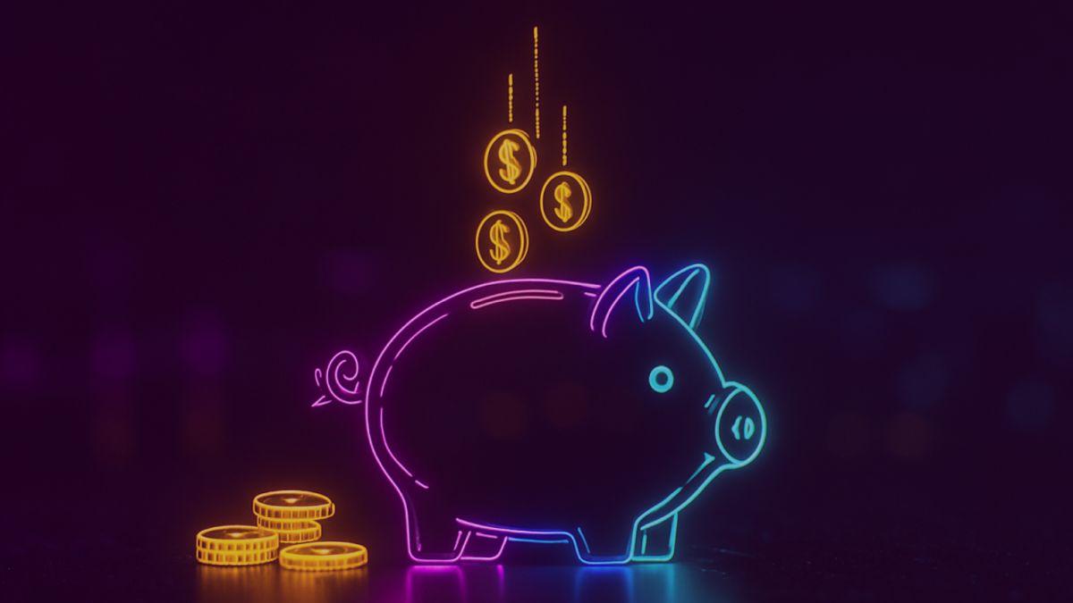 Neon colored image of a piggy bank and couple of coins falling into it. 
