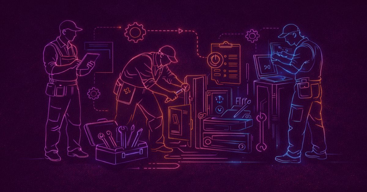 Neon colored image of technicians performing maintenance on equipment, tools and service workflow.