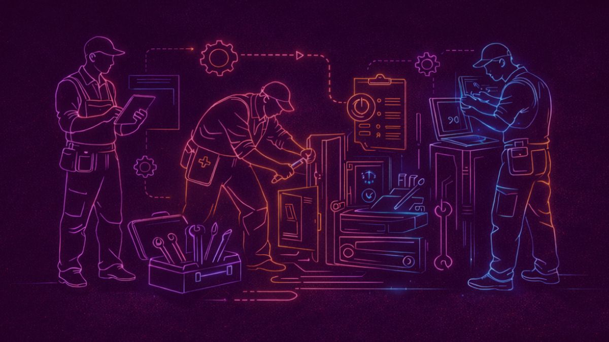 Neon colored image of technicians performing maintenance on equipment, tools and service workflow.