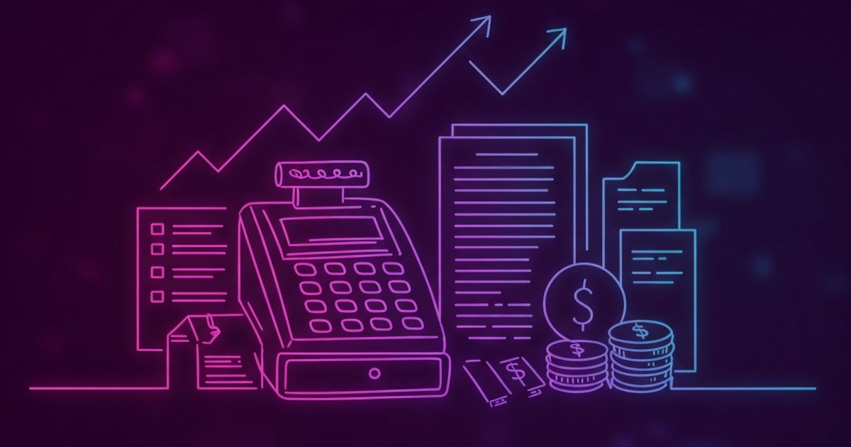 Neon colored image of a growing small business with documents and cash register.