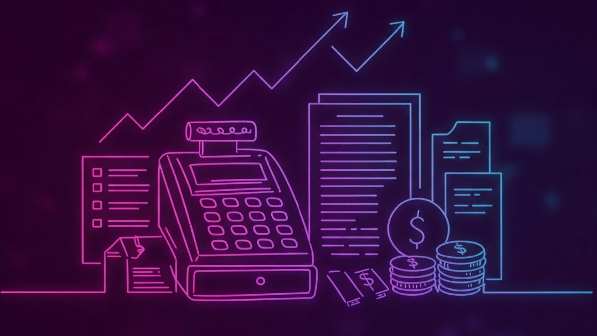 Neon colored image of a growing small business with documents and cash register.