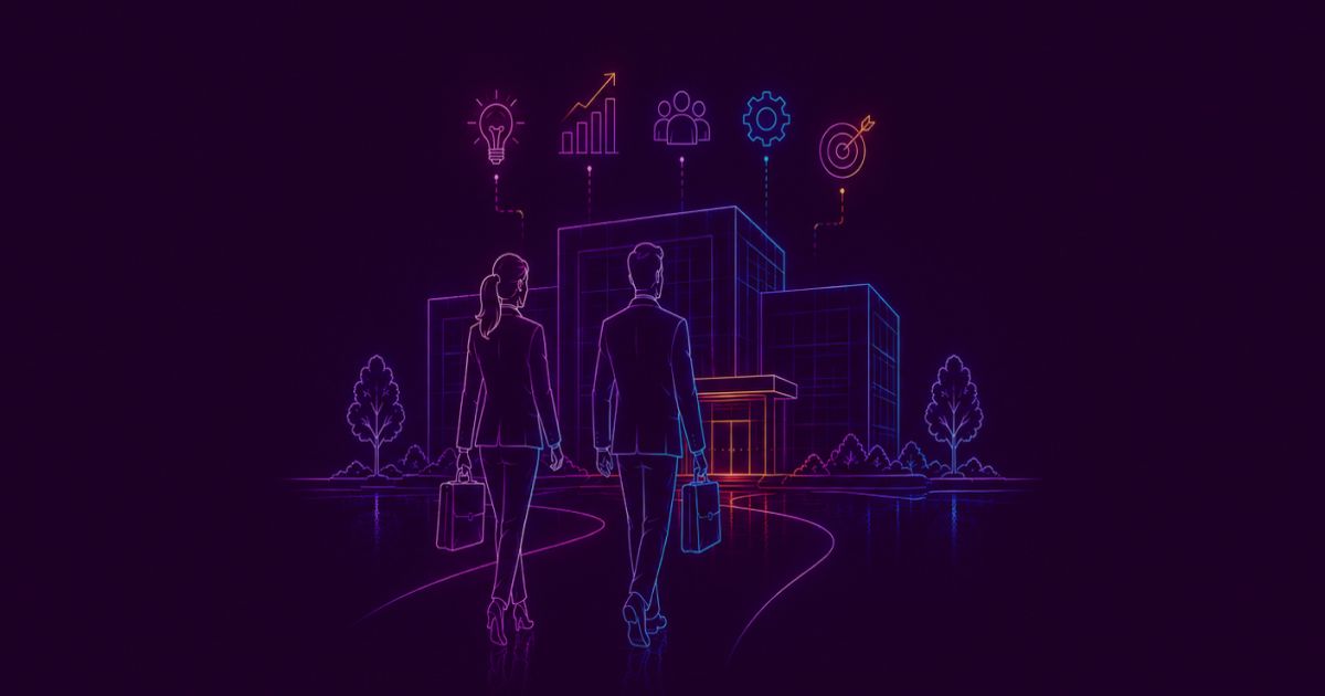 Neon colored image of a confident female executive and a  confident male executive walking side by side toward a modern corporate headquarters, both carrying briefcases and dressed in business attire.