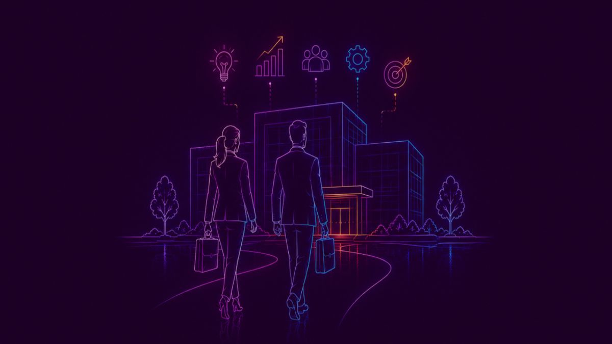 Neon colored image of a confident female executive and a  confident male executive walking side by side toward a modern corporate headquarters, both carrying briefcases and dressed in business attire.