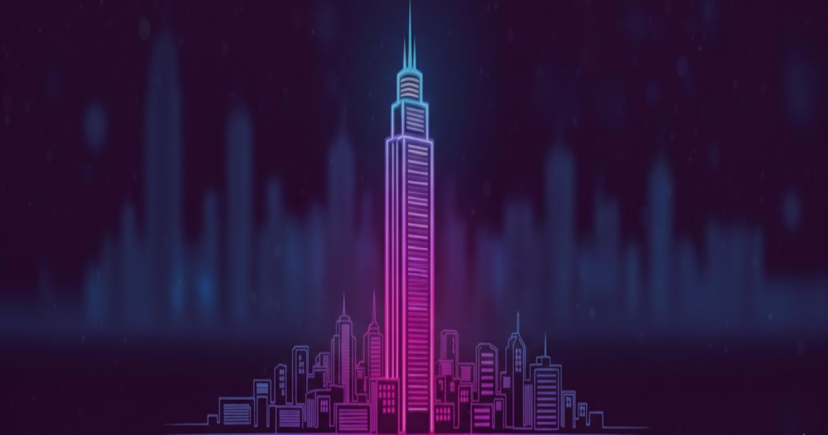 Neon colored image of a city scape with a tall skyscraper in the middle.