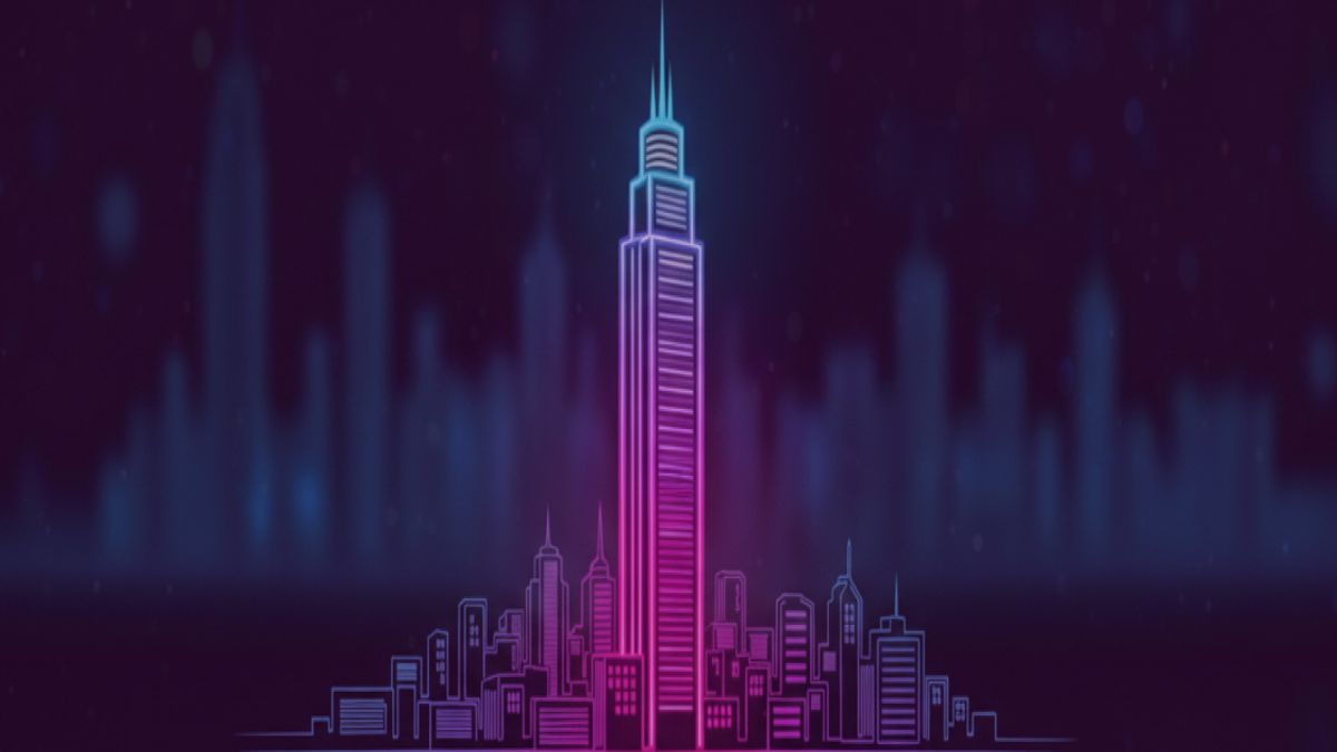 Neon colored image of a city scape with a tall skyscraper in the middle.