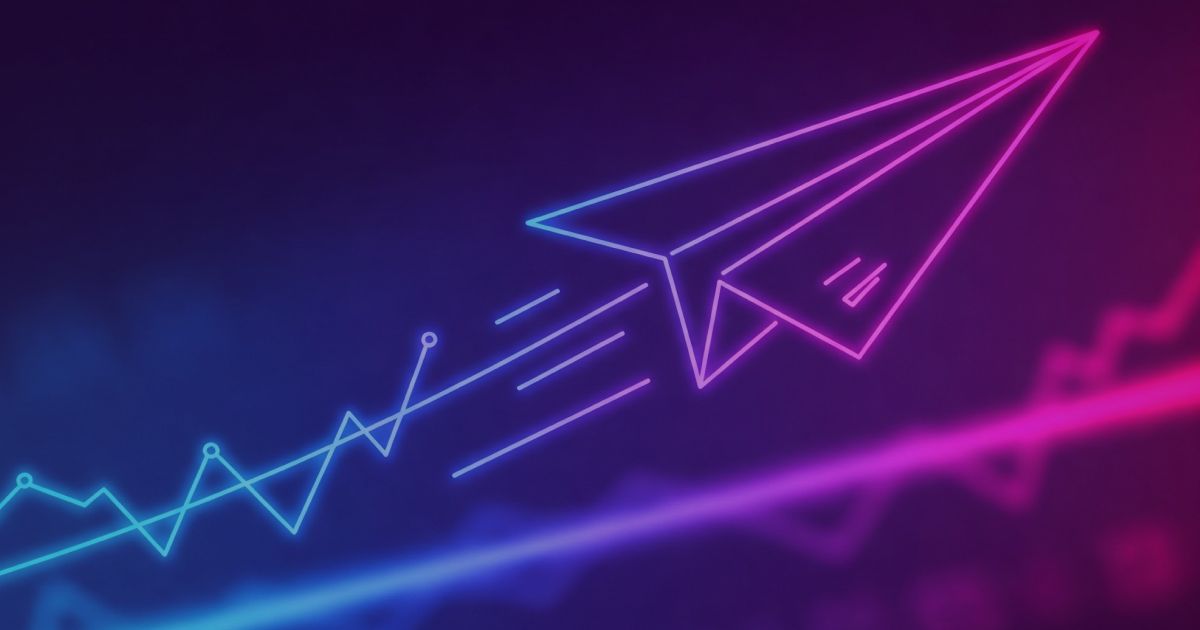 Neon colored image of a financial statement folded into a paperplane flying over a data highway.