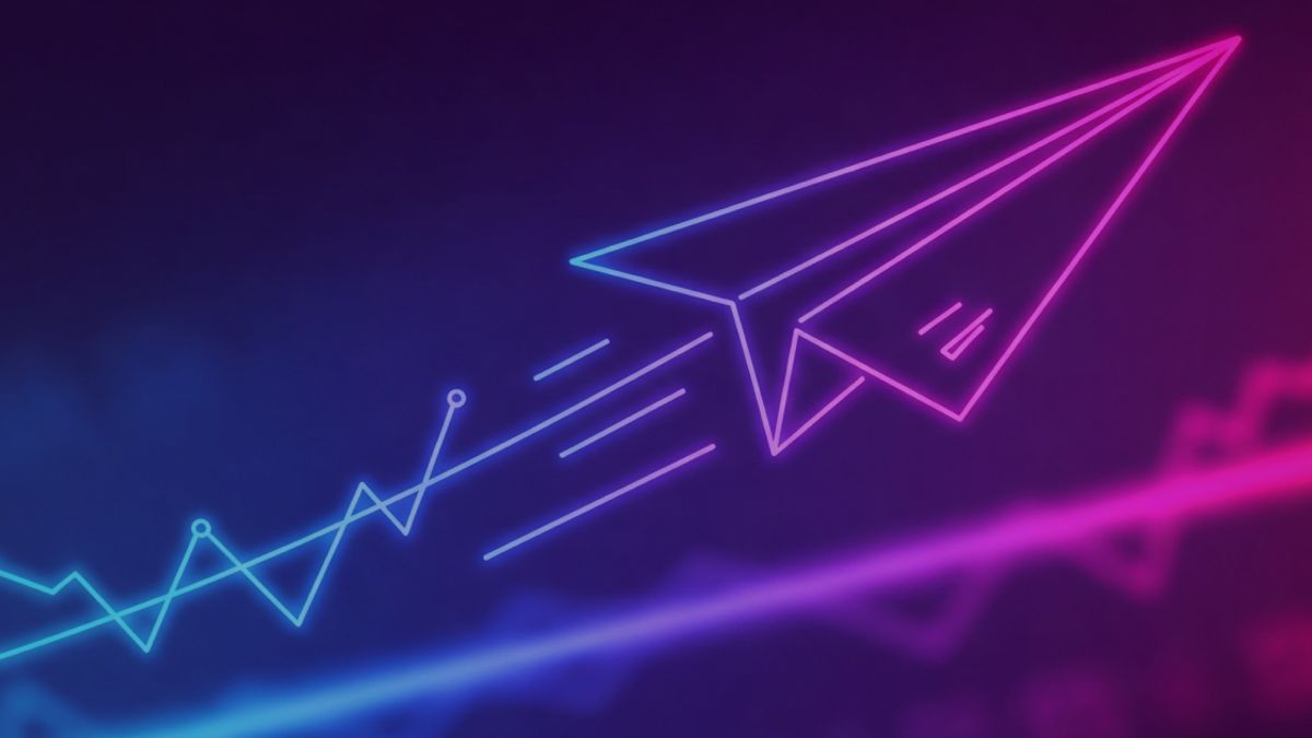 Neon colored image of a financial statement folded into a paperplane flying over a data highway.