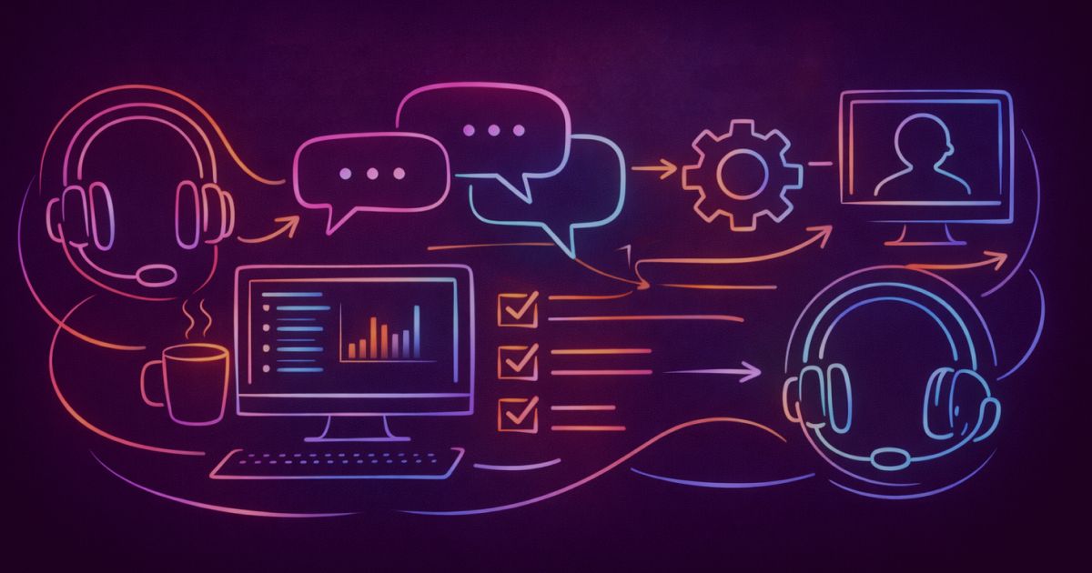 Neon colored image of customer service embedded in daily operations with chat bubbles, checklists, screens and subtle process icons.