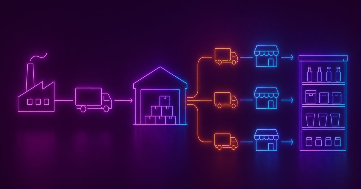 Neon-colored image of a retail distribution flow: a factory connected to a central warehouse, from which multiple delivery trucks branch out toward small retail stores and finally to a retail shelf filled with products.