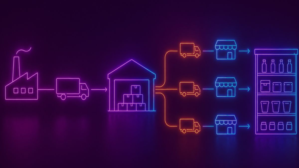 Neon-colored image of a retail distribution flow: a factory connected to a central warehouse, from which multiple delivery trucks branch out toward small retail stores and finally to a retail shelf filled with products.
