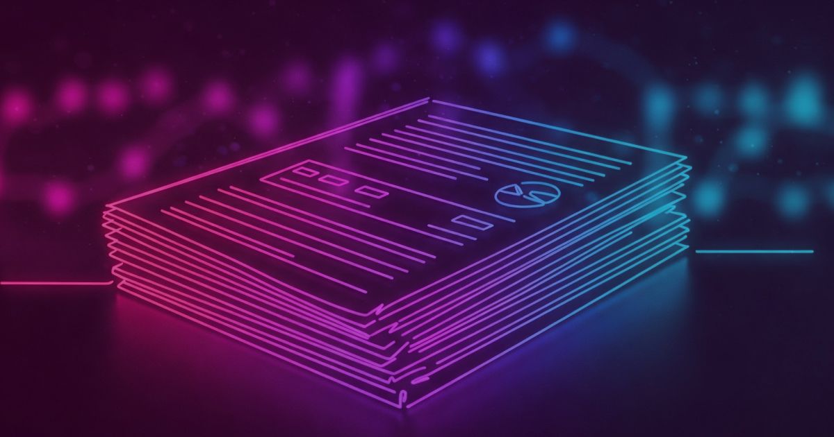 Neon colored image of a a stack of invoices and financial reports.