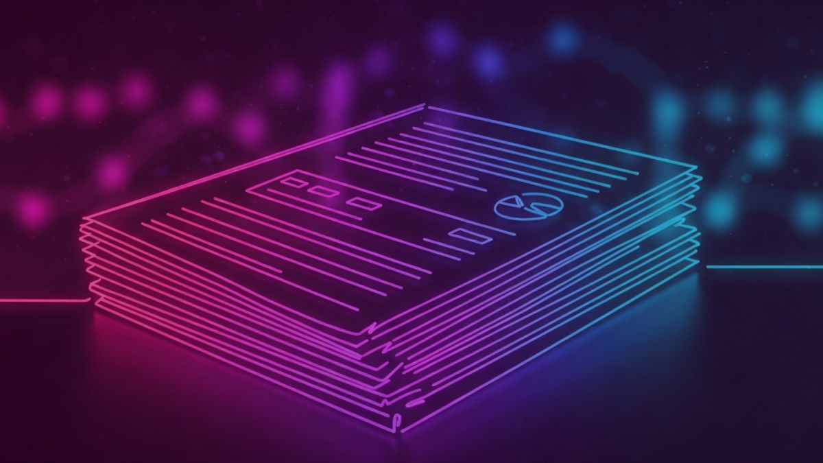 Neon colored image of a a stack of invoices and financial reports.