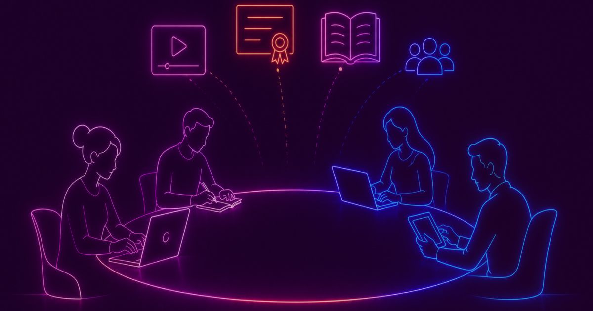 Neon colored image of employees learning together around a glowing digital knowledge hub with books, certificates and education symbols.