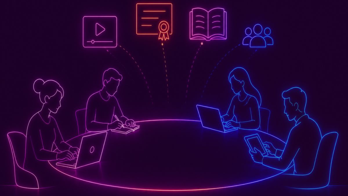 Neon colored image of employees learning together around a glowing digital knowledge hub with books, certificates and education symbols.