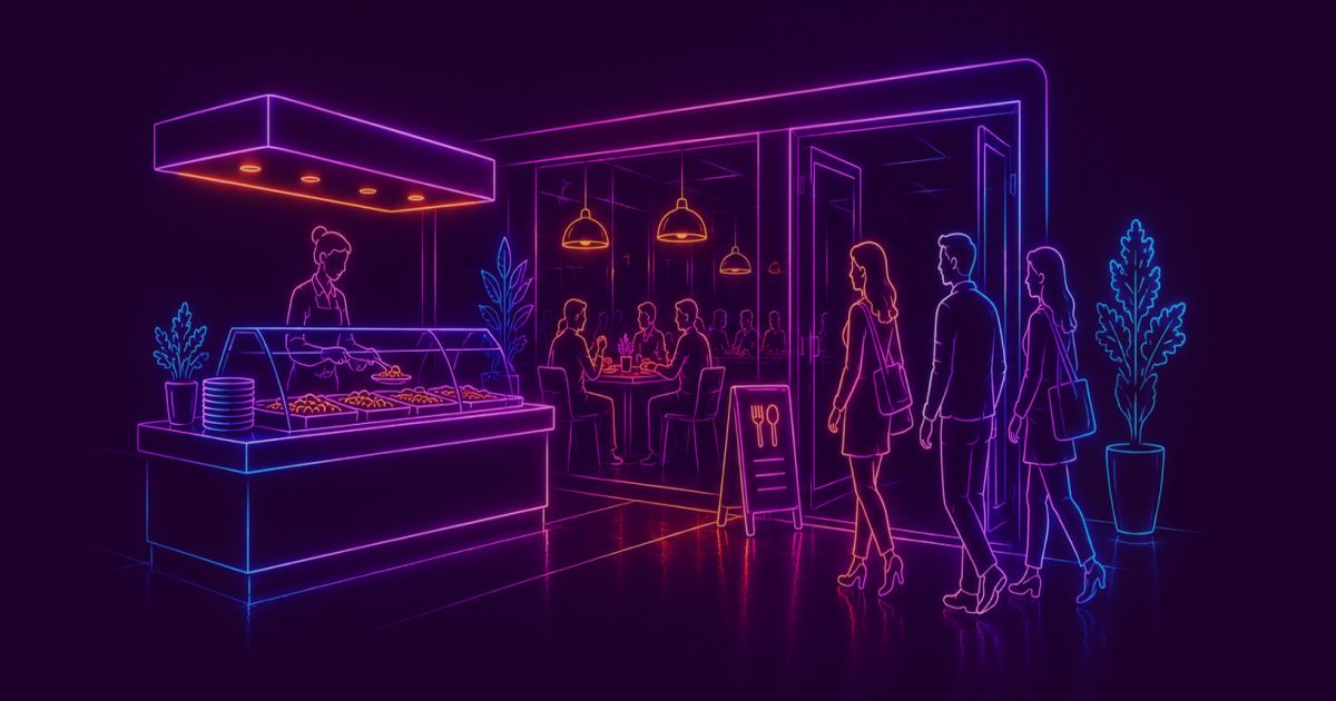 Neon colored image of a modern lunch restaurant with customers  entering and a visible lunch buffet area.