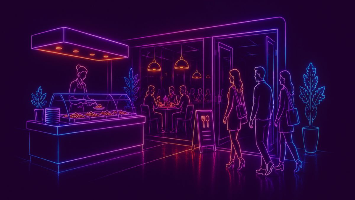 Neon colored image of a modern lunch restaurant with customers  entering and a visible lunch buffet area.