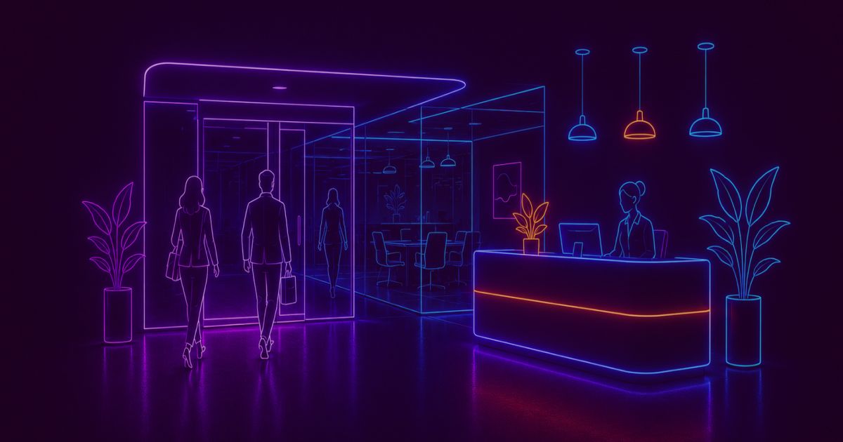 Neon colored image of a modern office lobby and reception area with a few employees entering the workspace.