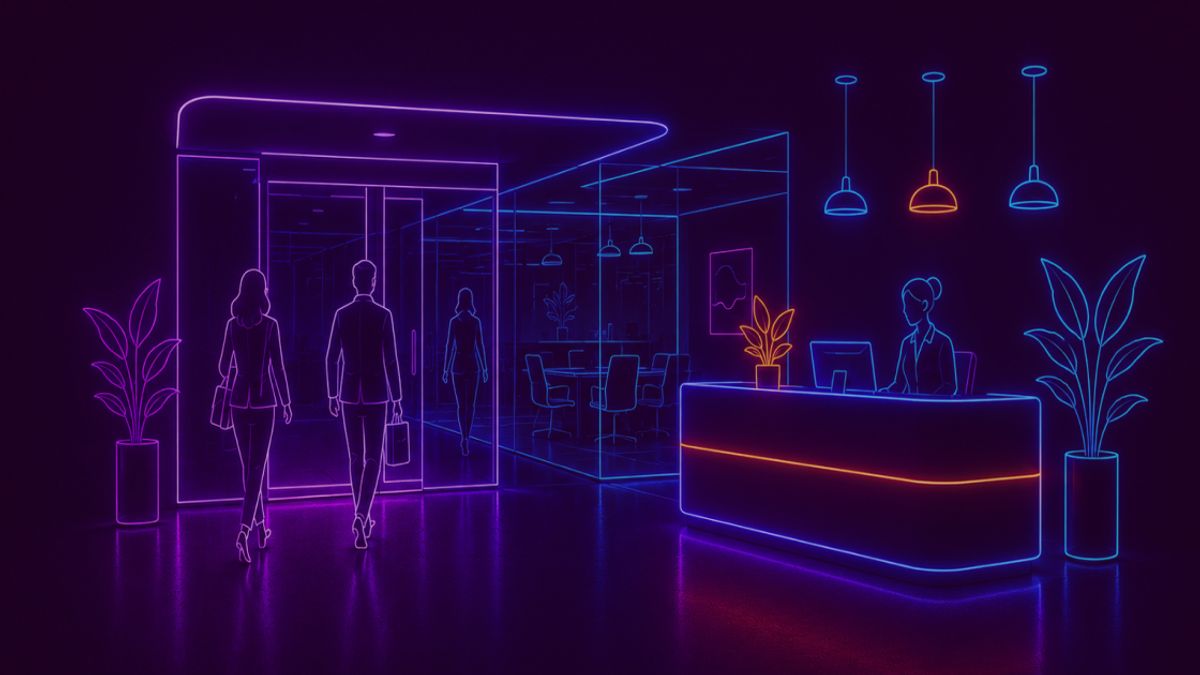Neon colored image of a modern office lobby and reception area with a few employees entering the workspace.